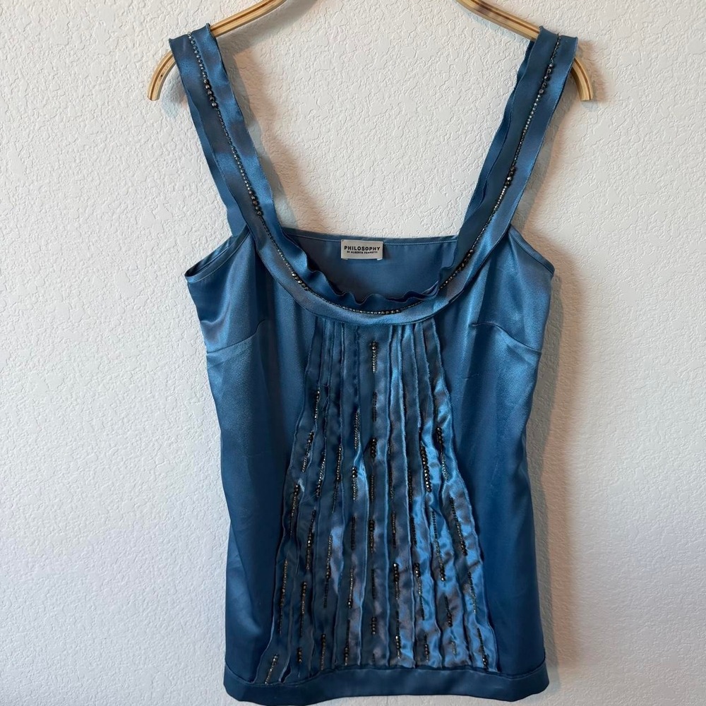 Philosophy by Alberta Ferretti blue satin beaded tank top with vertical beading